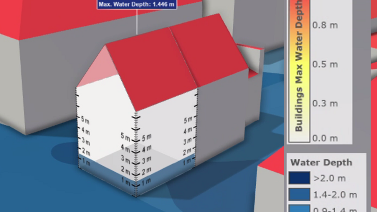 3D-Ansicht Gebäude mit Hochwasser