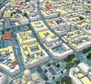 3D-Szene aus dem HydroZwilling Rheinland-Pfalz mit simuliertem Sturzflutabfluss in der Mainzer Innenstadt